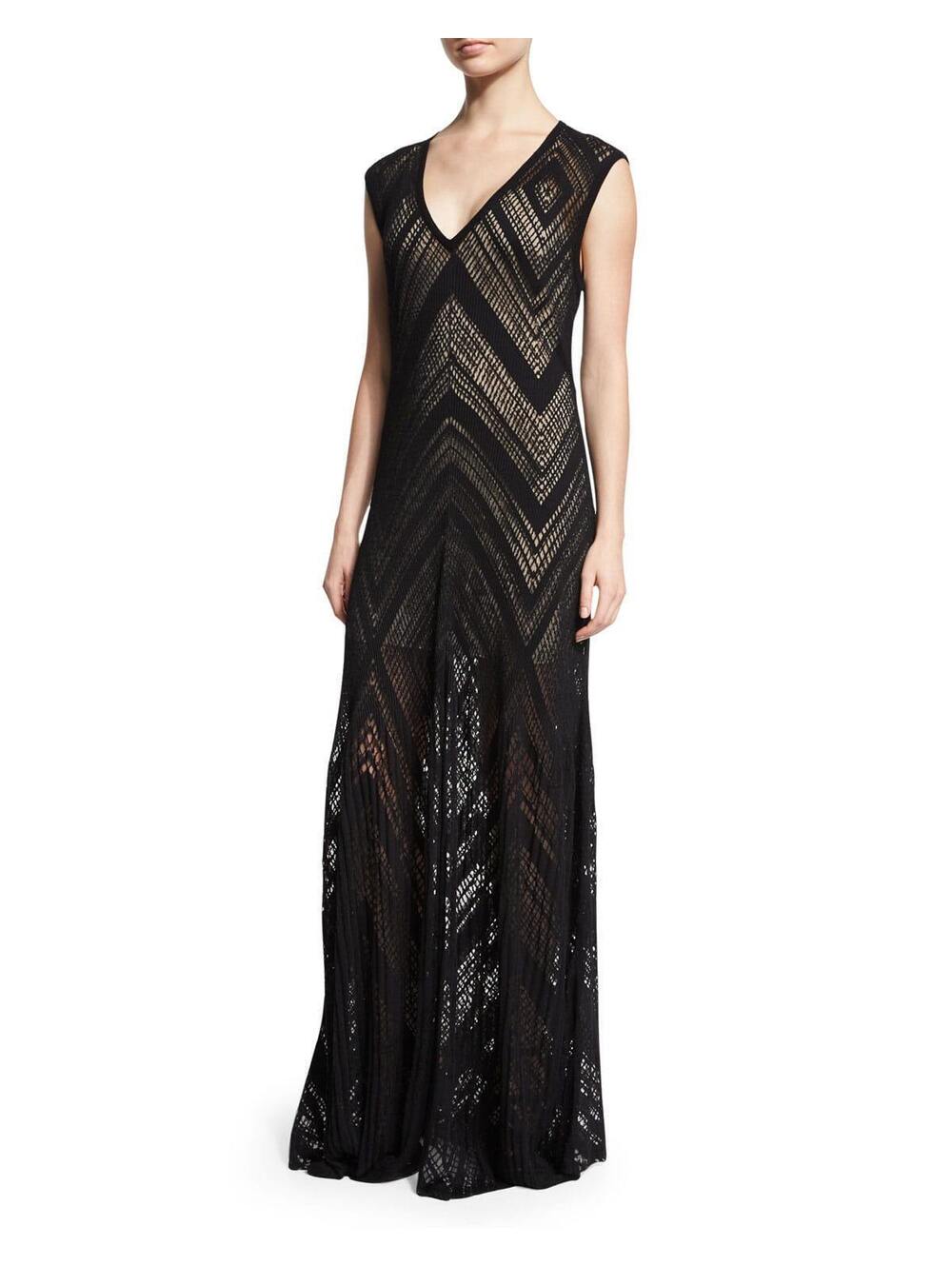 L'AGENCE Tatiana Black Chevron Open Knit Cap Sleeve Maxi Dress XS